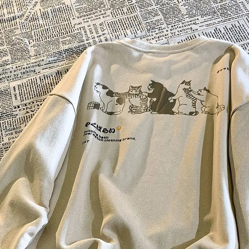 Vintage Fashion Women Cotton cat print round neck pullover sweatshirt harajuku oversize itself Loose Sweatshirt top худи