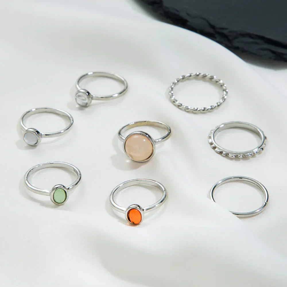 Korean Colorful Stone Rings Set for Women Girls