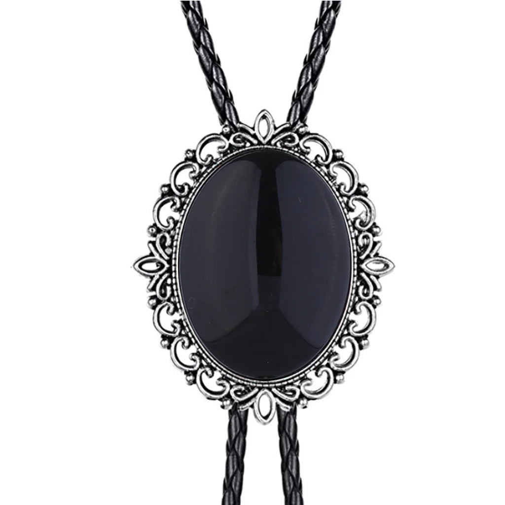Hollow pattern emerald bolo tie leather cord necklace