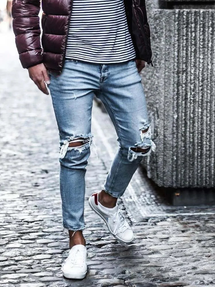 Men Jeans Streetwear Knee Ripped Skinny Hip Hop