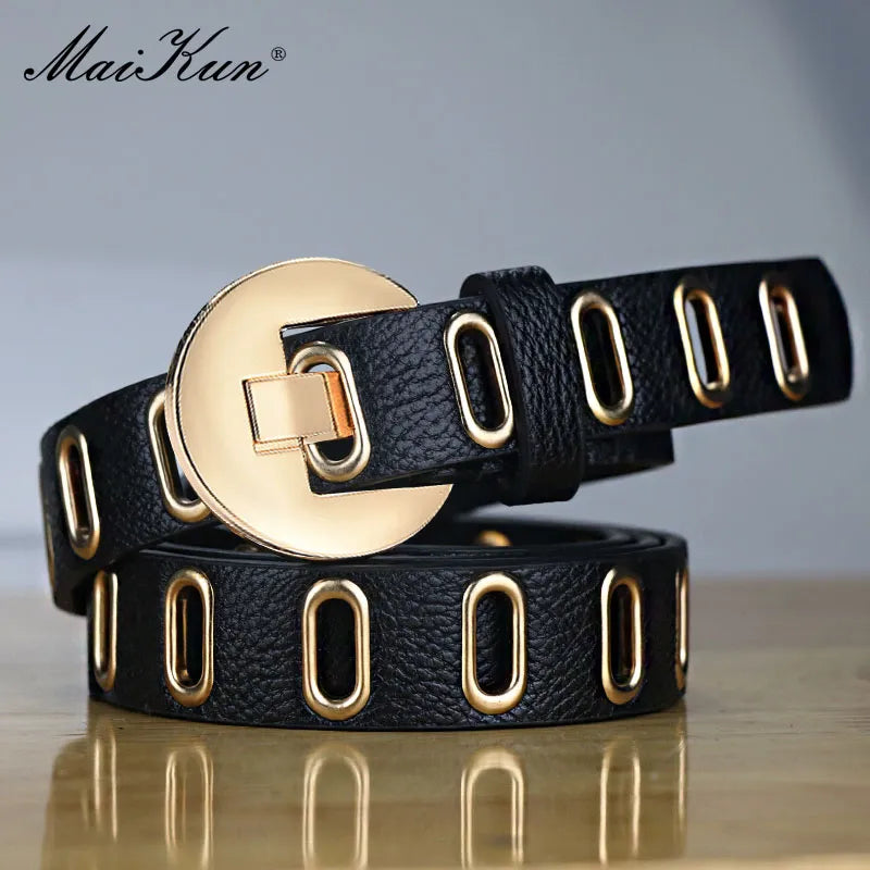 Maikun New Grunge Women Belt Adjustable Hole Grunge Punk Belts for Women Alloy Pin Buckle PU Leather Belt
