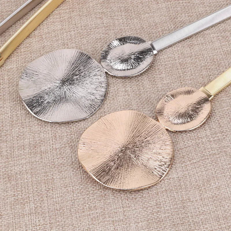 Round Buckle Elastic Belts For Women Metal Gold