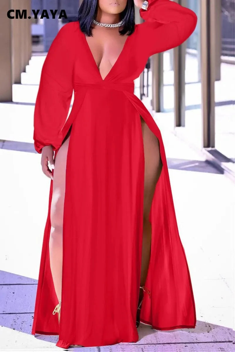 CM.YAYA Women Plus Size Dress Solid Cleavage Splited