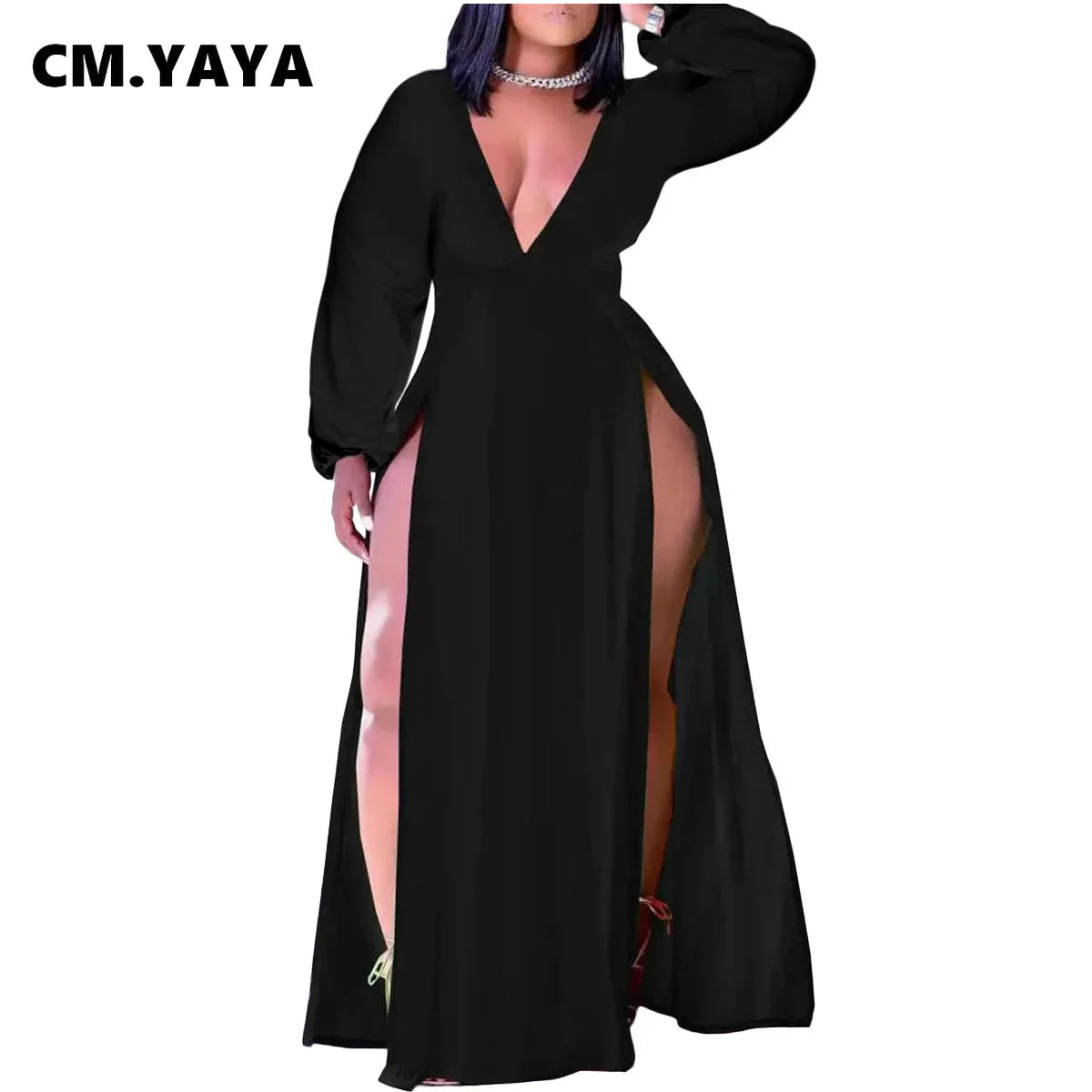CM.YAYA Women Plus Size Dress Solid Cleavage Splited