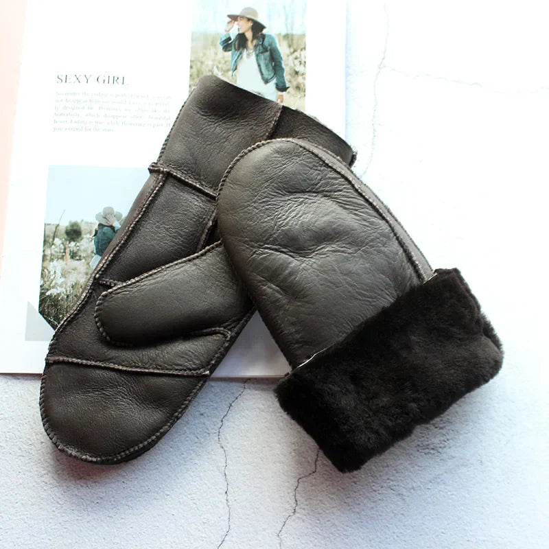 Sheepskin Fur Mittens Women's Leather Wool Color Winter