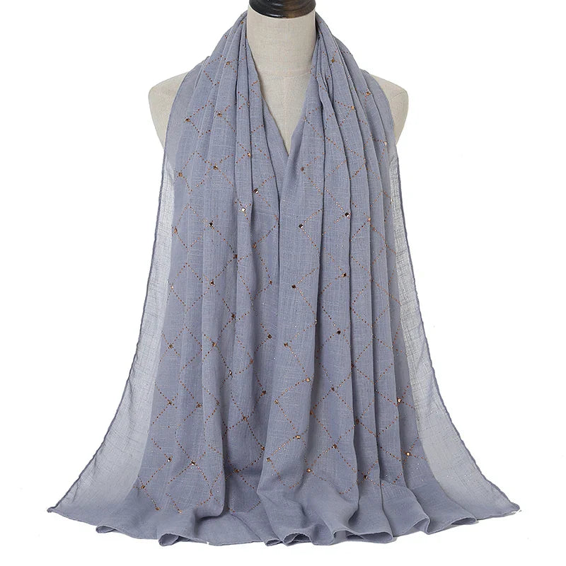 Fashion Plain Cotton Scarf Muslim Hijab Shiny Diamond