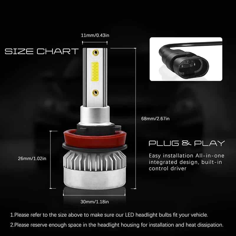 1Pair H1/H7 /H8/H9/H11 COB LED Headlight Bulbs 110W 20000LM High Low Beam White Lights