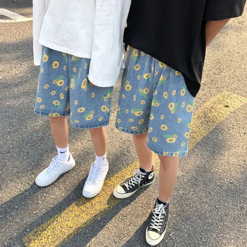 Summer Cotton Denim Shorts Men's Fashion Casual Flowers