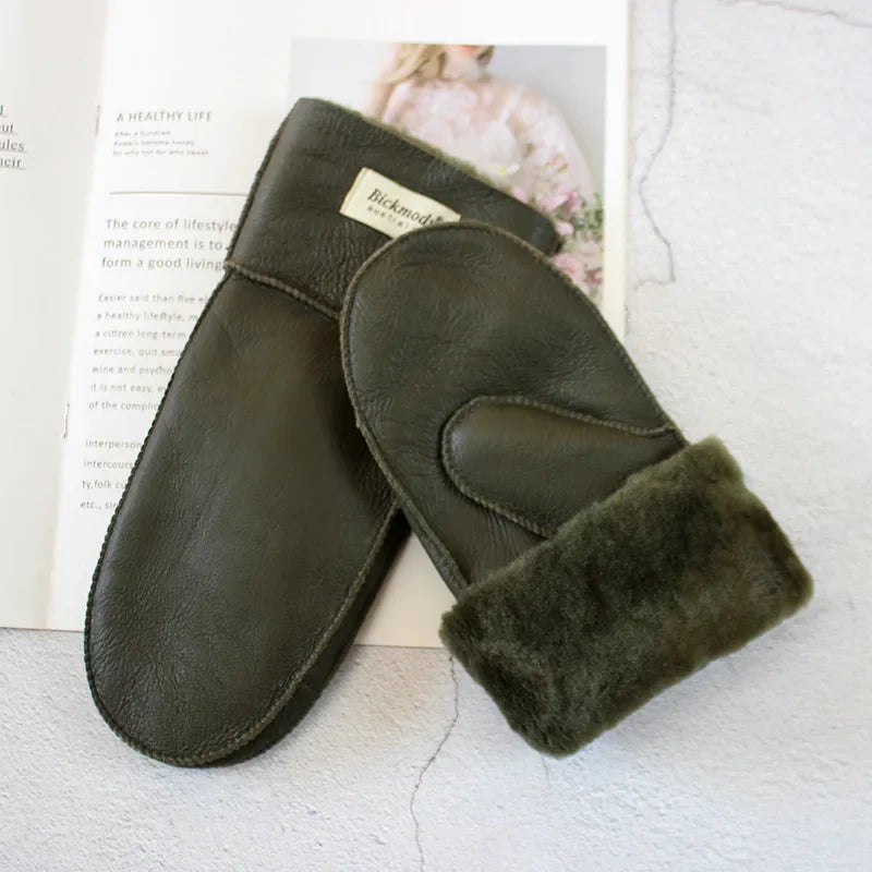 Sheepskin Fur Mittens Women's Leather Wool Color Winter