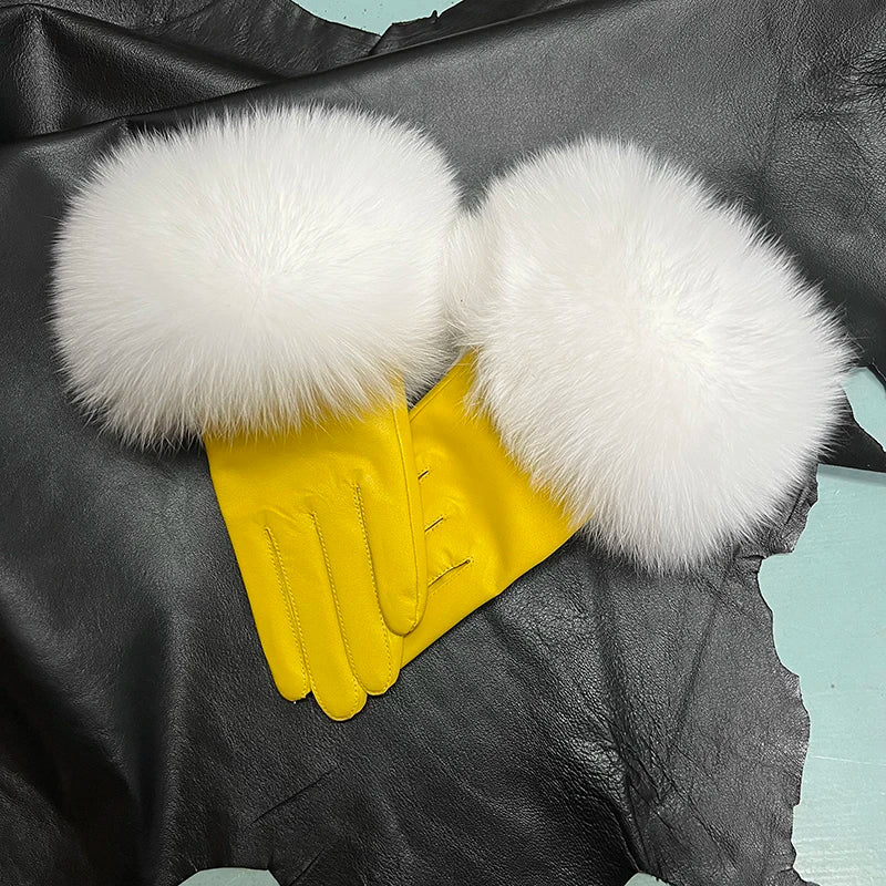 Real Sheepskin Fox Fur Gloves Women's Genuine Leather