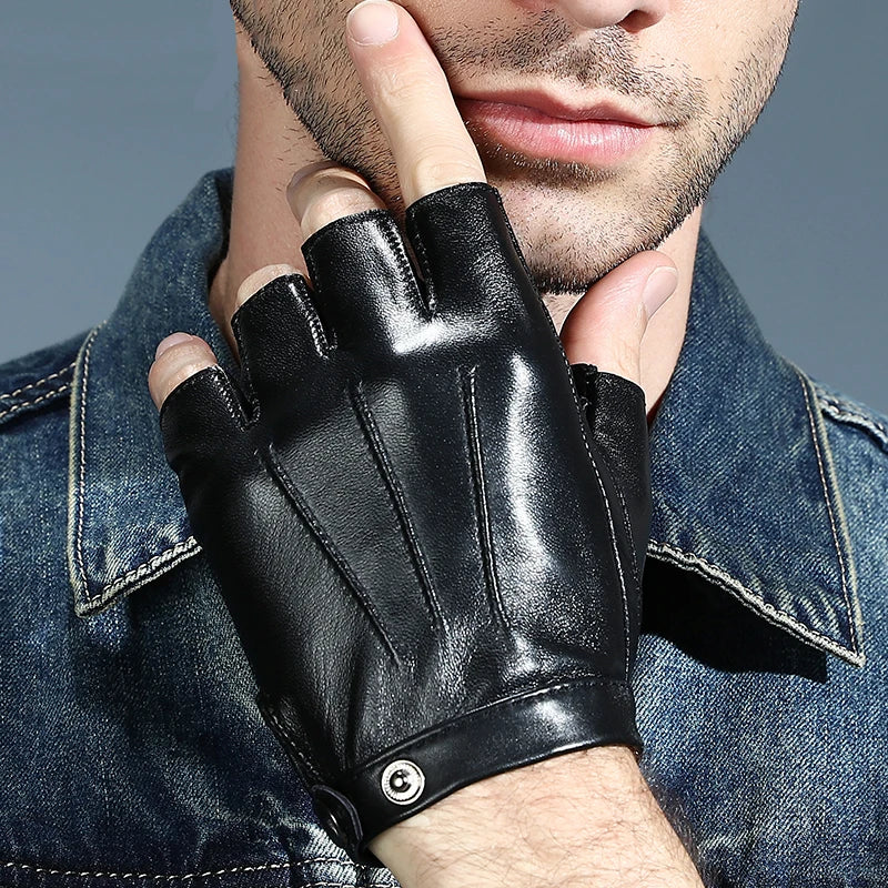 Men Women Genuine Leather Gloves Lovers Fingerless Mittens