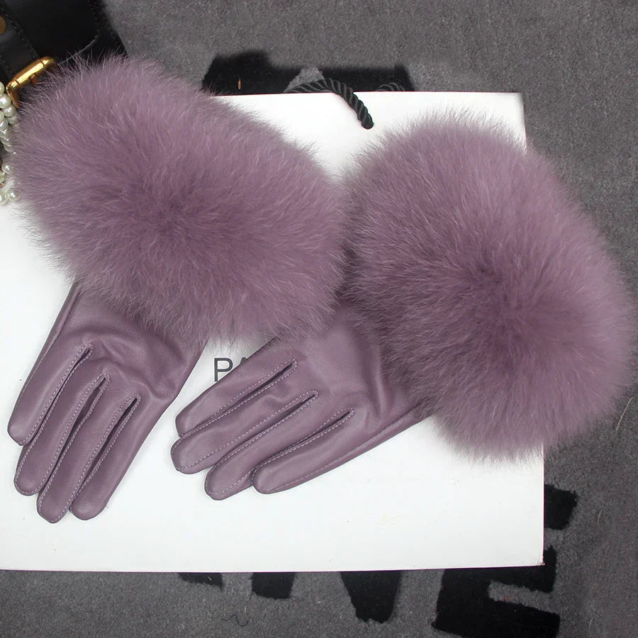 Real Sheepskin Fox Fur Gloves Women's Genuine Leather