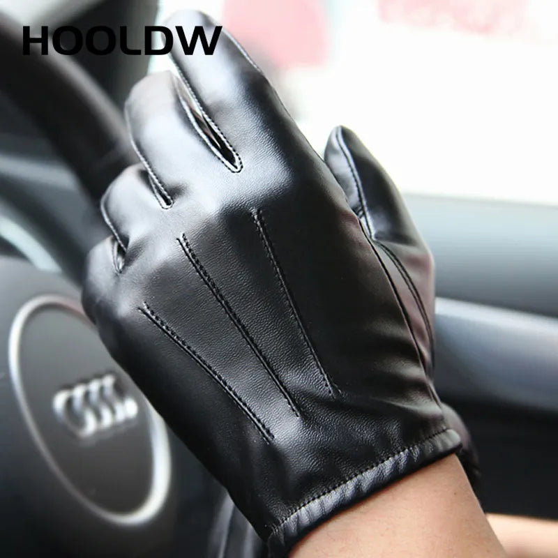 HOOLDW New Winter Gloves Men Women Black PU