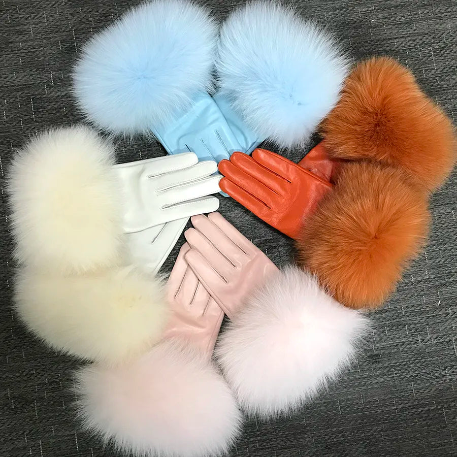 Real Sheepskin Fox Fur Gloves Women's Genuine Leather