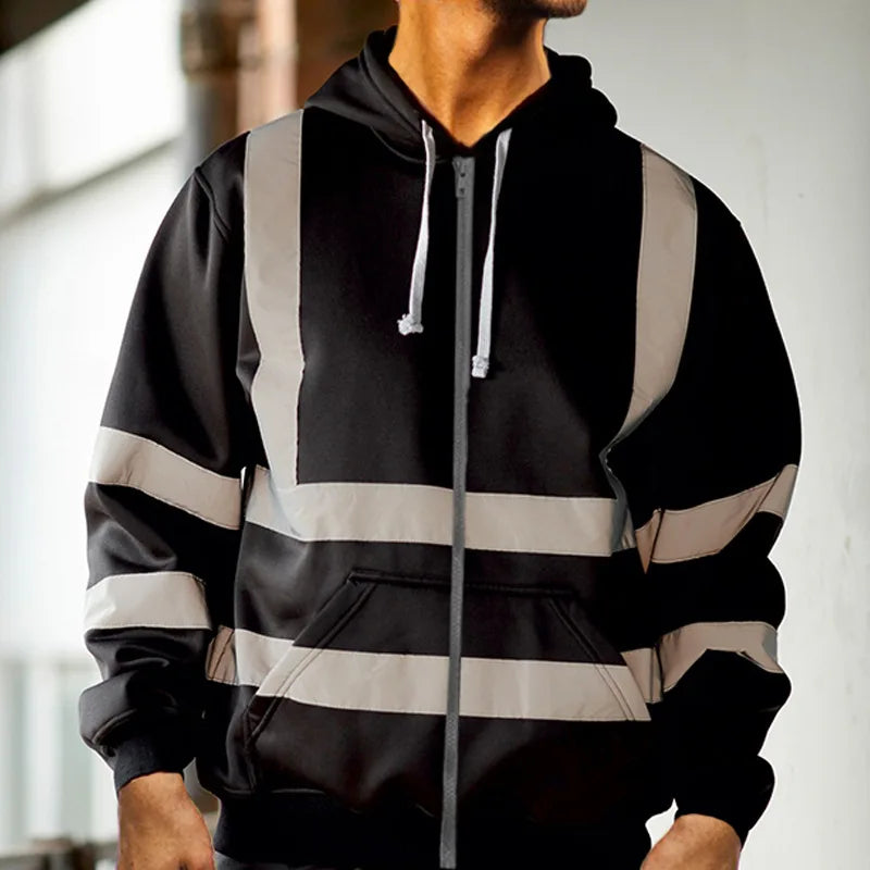 Men Reflective Strip Hoodie Sweatshirt Long Sleeve Fitting