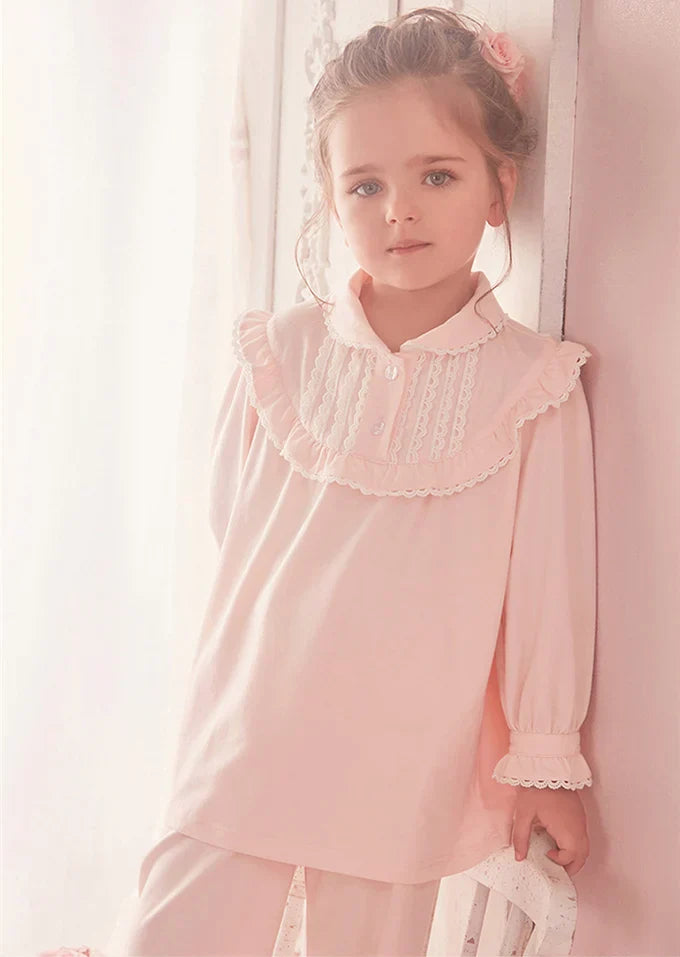 Children Girl's Lolita Pink Pajama Sets.Turndown Collar Tops+Pants.Vintage