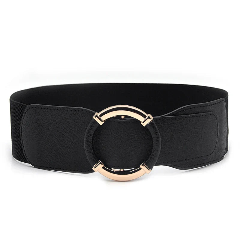 Women Elastic Stretch Waistbands Female Gold Round Buckle