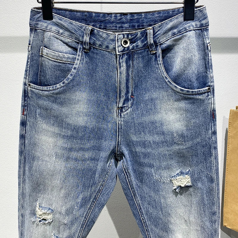 Ripped Jeans Men Light Blue Stretch Harem Pants
