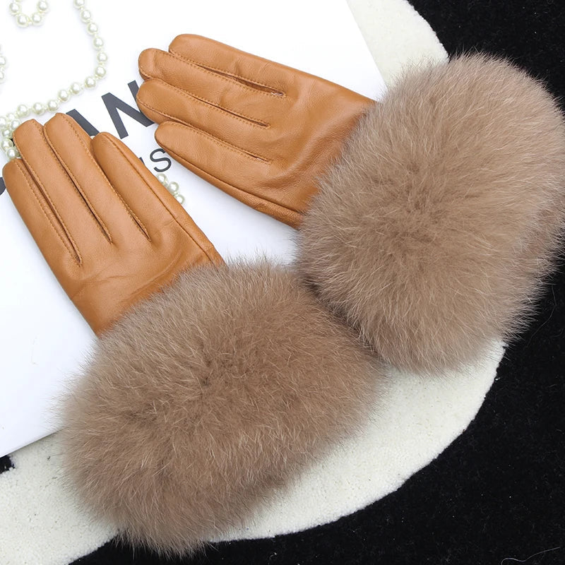 Real Sheepskin Fox Fur Gloves Women's Genuine Leather