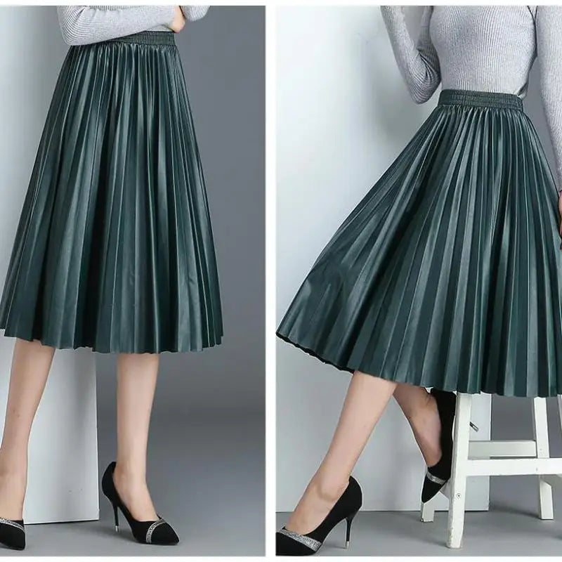 Neophil Ladies Black PU Fur Faux Leather Midi