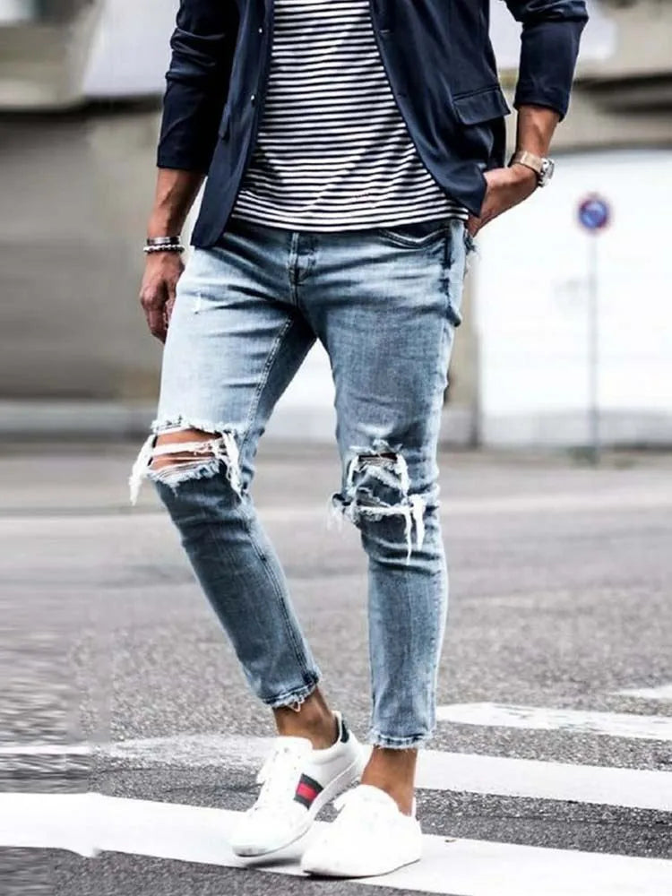Men Jeans Streetwear Knee Ripped Skinny Hip Hop