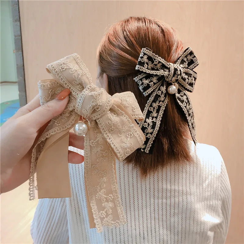 Korean Fabric Big Bow Spring Clip Lady Lace