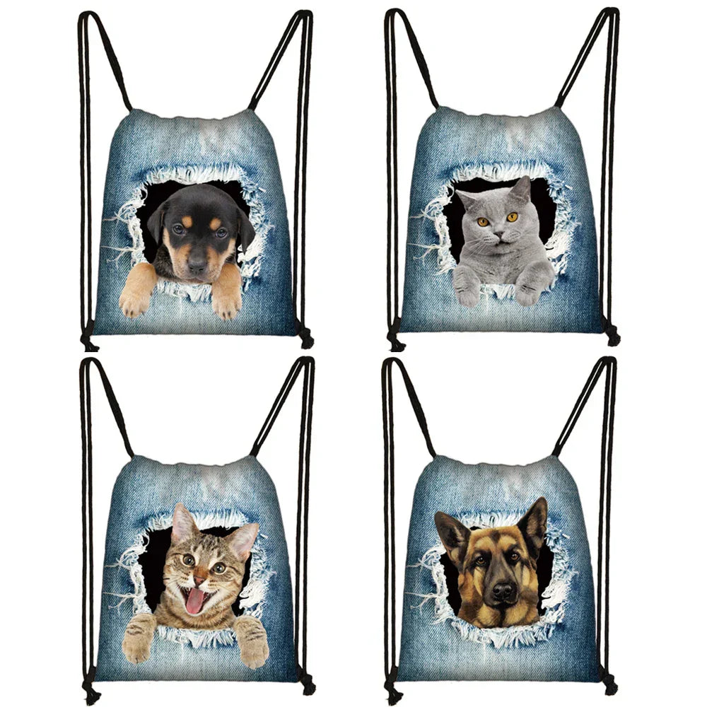 funny puppy dog / kitten cat print drawstring bag women fashion storage bag ladies shopping bags teenager boys girl backpack