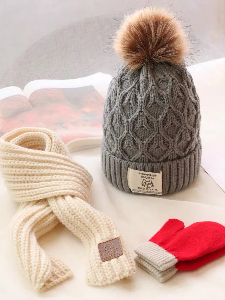 Three piece children's hat and scarf autumnwinter warm