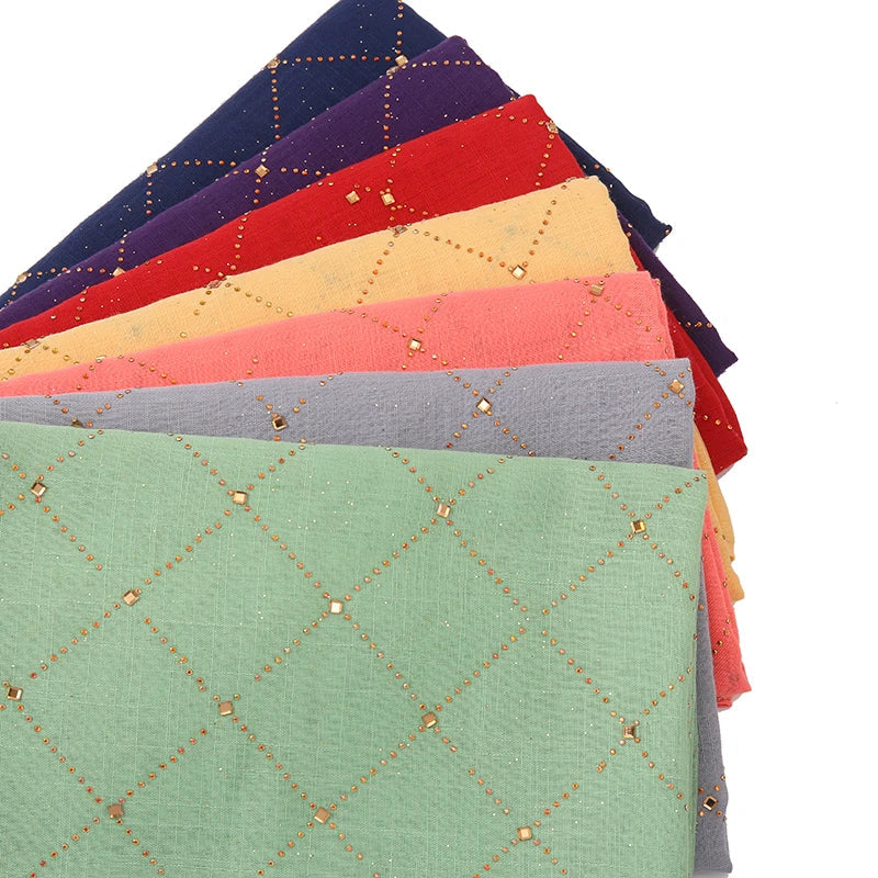 Fashion Plain Cotton Scarf Muslim Hijab Shiny Diamond