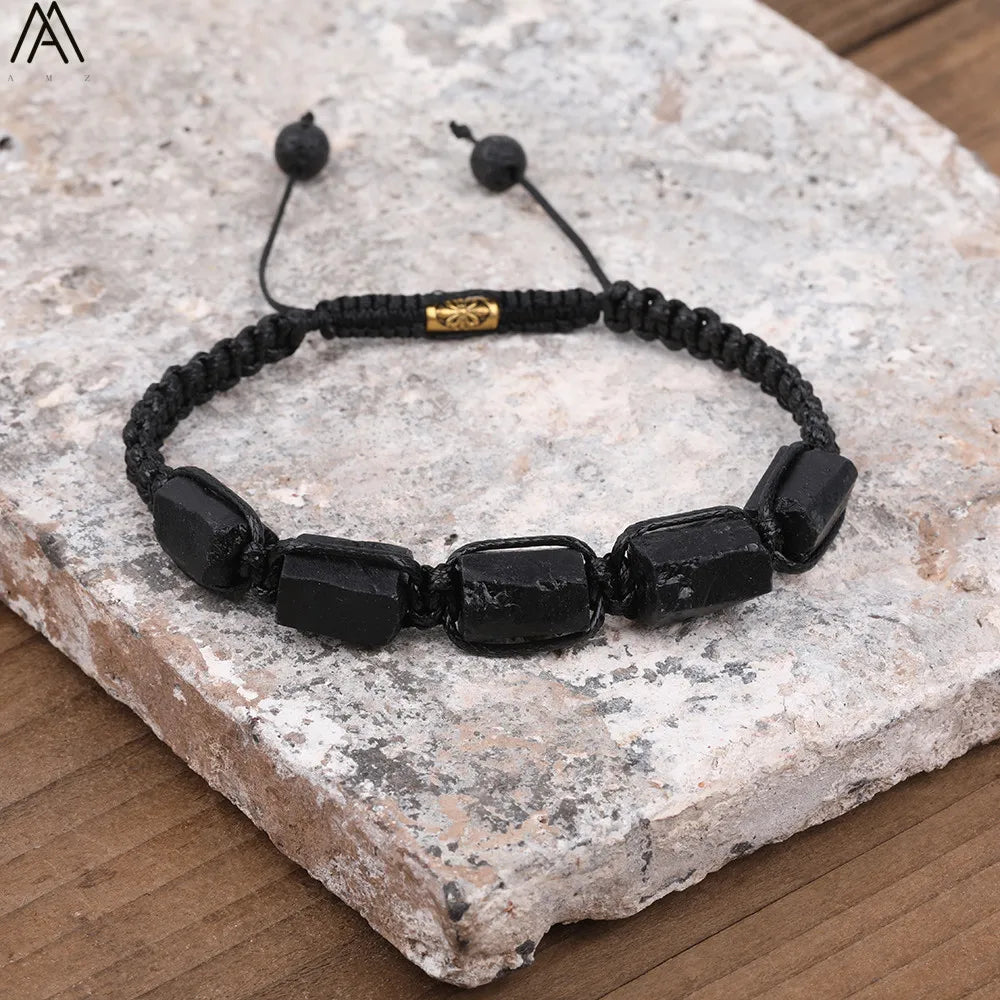 Natural Black Tourmaline Nugget Beads Knotted Handmade Woven