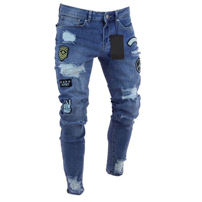 Men Slim Biker Ripped Long Denim Trousers Skinny