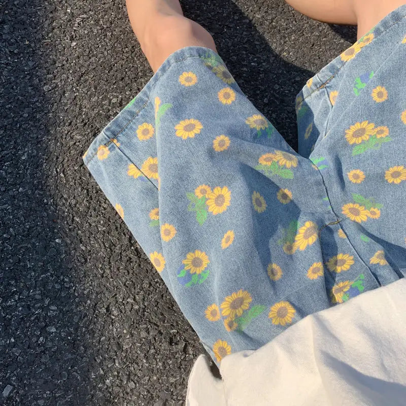 Summer Cotton Denim Shorts Men's Fashion Casual Flowers