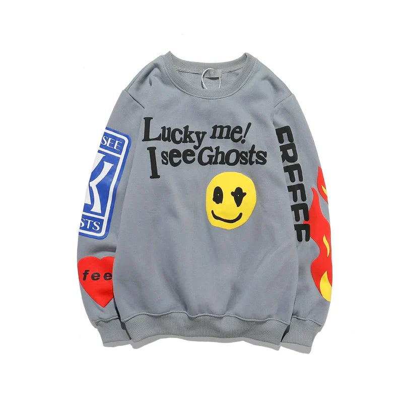 Harajuku Retro Letter Flame Puff Print Round Neck