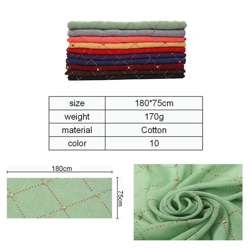Fashion Plain Cotton Scarf Muslim Hijab Shiny Diamond