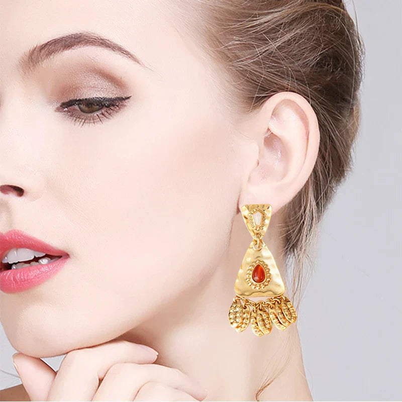 Vintage Leaves Earrings Heavy Metal Gold Studs Tassel