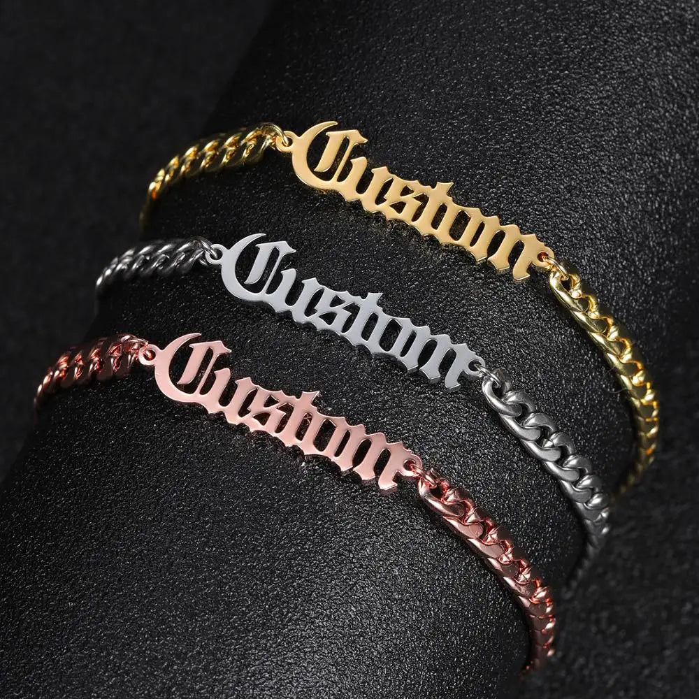 MYDIY Stainless Steel Custom Thick Chain Bangle Personalized Name Bracelet Old English Bracelet Men’s Gift Brother Gift