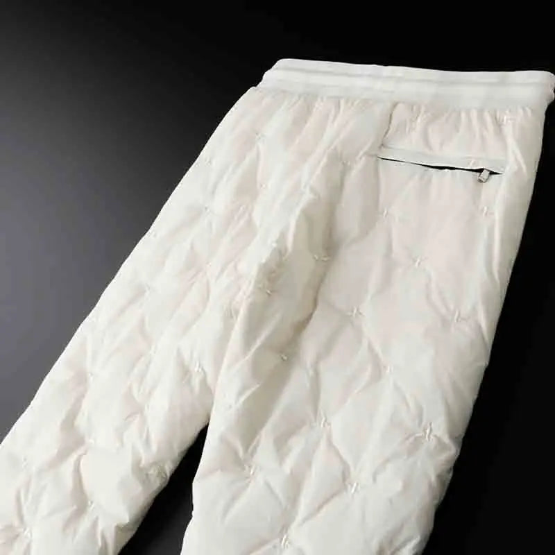 Milky white fashion zipper warm down pants men's