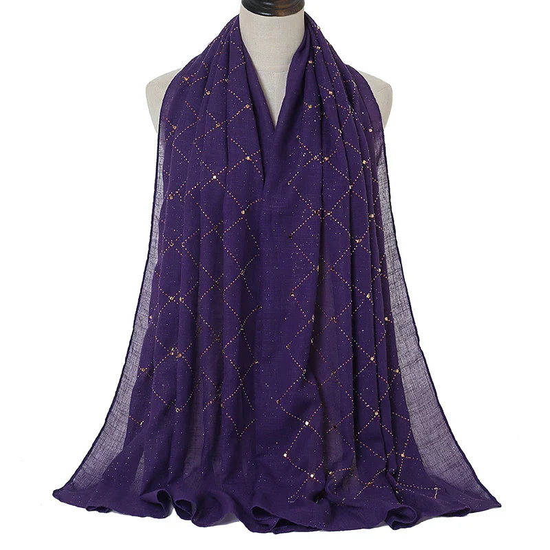 Fashion Plain Cotton Scarf Muslim Hijab Shiny Diamond