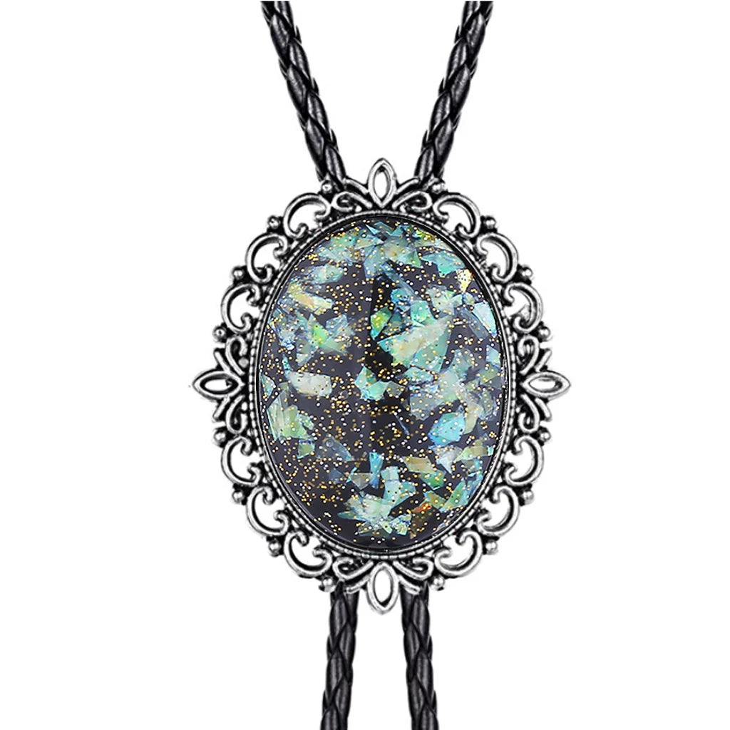 Hollow pattern emerald bolo tie leather cord necklace