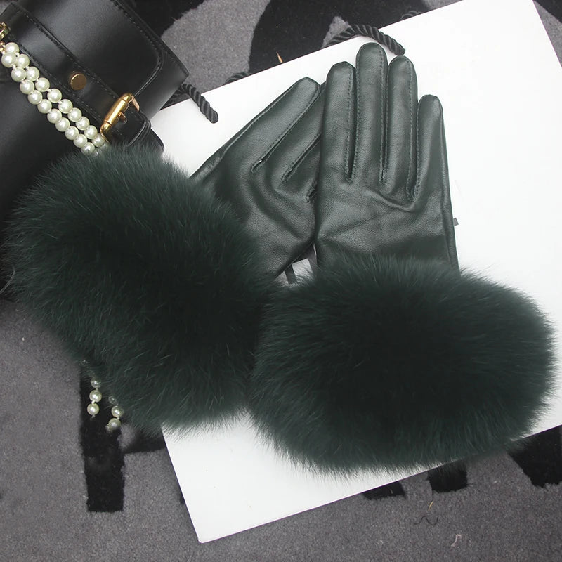 Real Sheepskin Fox Fur Gloves Women's Genuine Leather