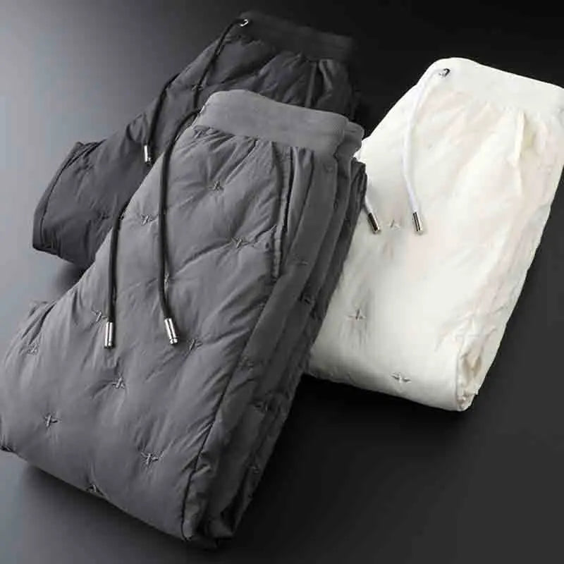 Milky white fashion zipper warm down pants men's
