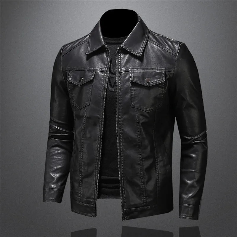 Men's Motorcycle Leather Jacket Large Size Pocket Black