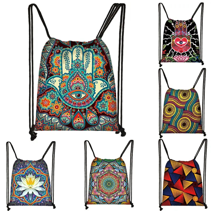Mandala / Hamsa Fatima Hand/ Buddha Lotus Flower backpack woman Drawstring Bag girls Storage Bag Ladies travel bag