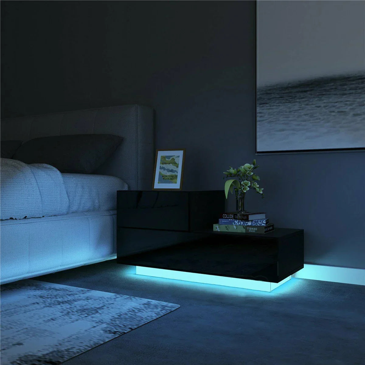 Modern Luxury LED Light Nightstand w/2 Drawers Organizer