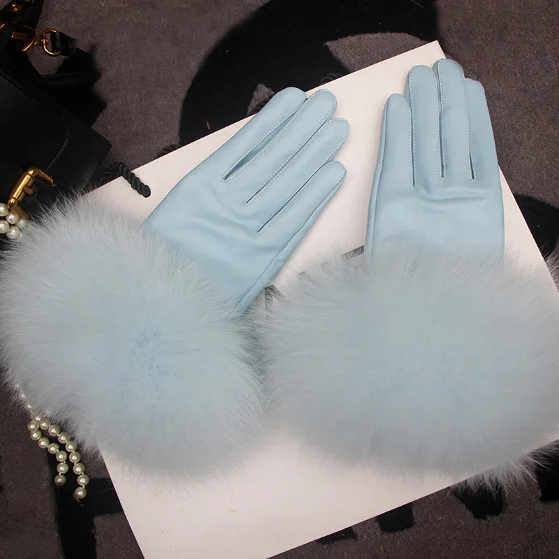 Real Sheepskin Fox Fur Gloves Women's Genuine Leather