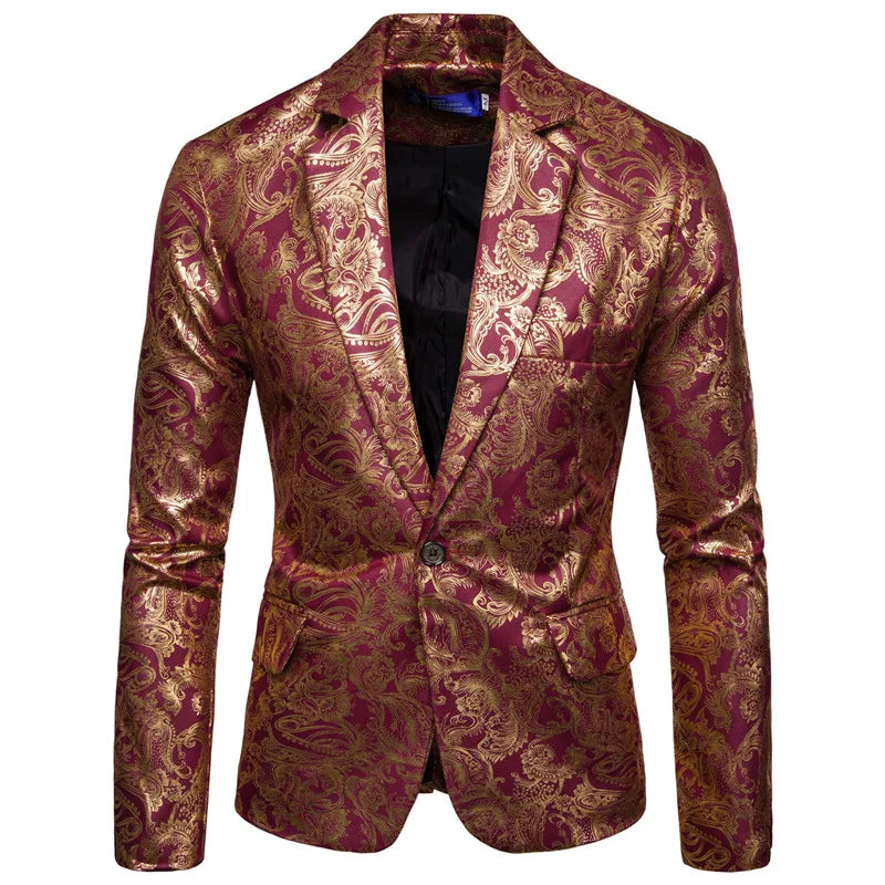 Men's Golden Floral Blazers Business Casual Suit Wedding