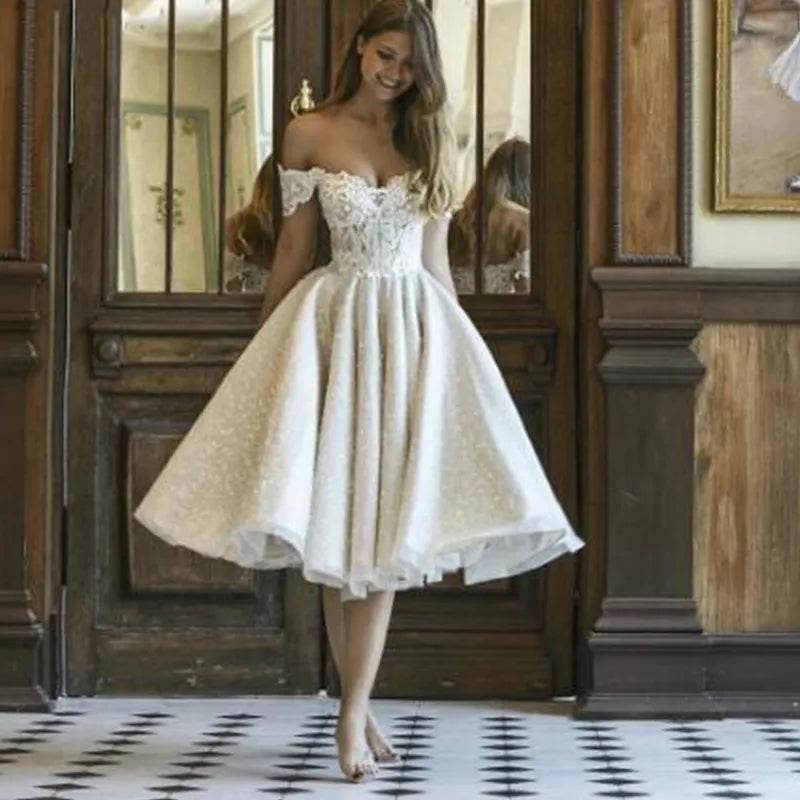 Summer Short Glitter Wedding Dresses Tea-Length Off Shoulder