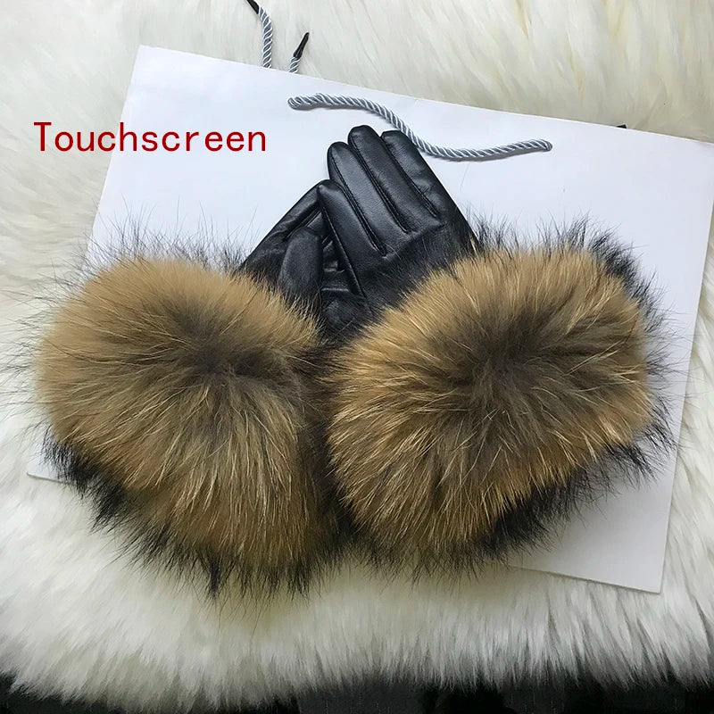 Real Sheepskin Fox Fur Gloves Women's Genuine Leather