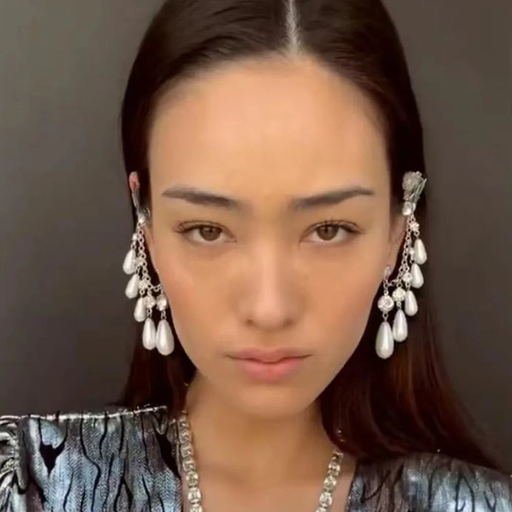 Vintage Rhinestone Pearl Tassel Chain Earrings Ear Clips