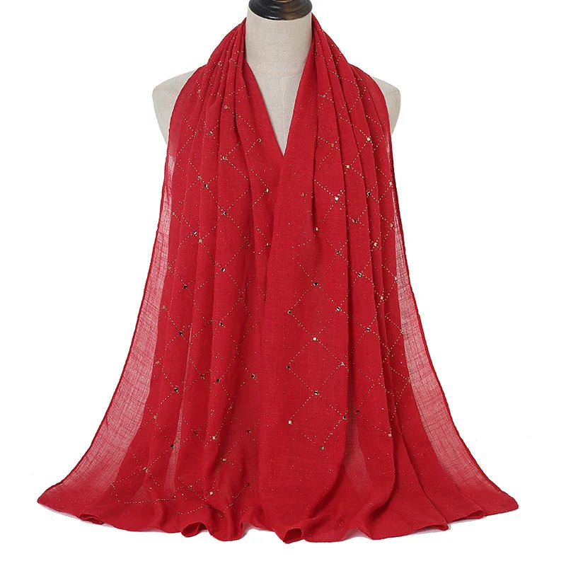Fashion Plain Cotton Scarf Muslim Hijab Shiny Diamond